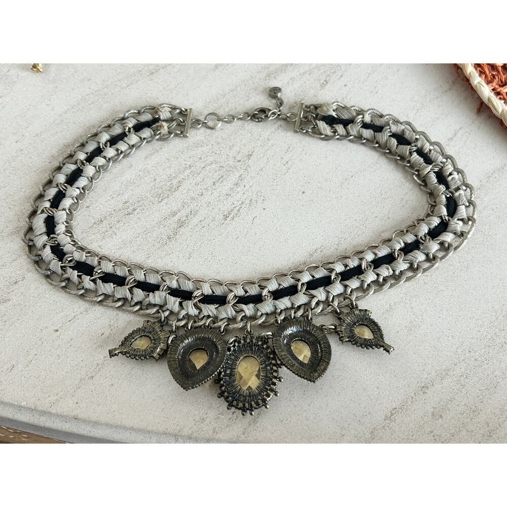 Ann Taylor LOFT Statement Necklace – Mixed Media Chain & Cord Crystal Pendants - Picture 3 of 5